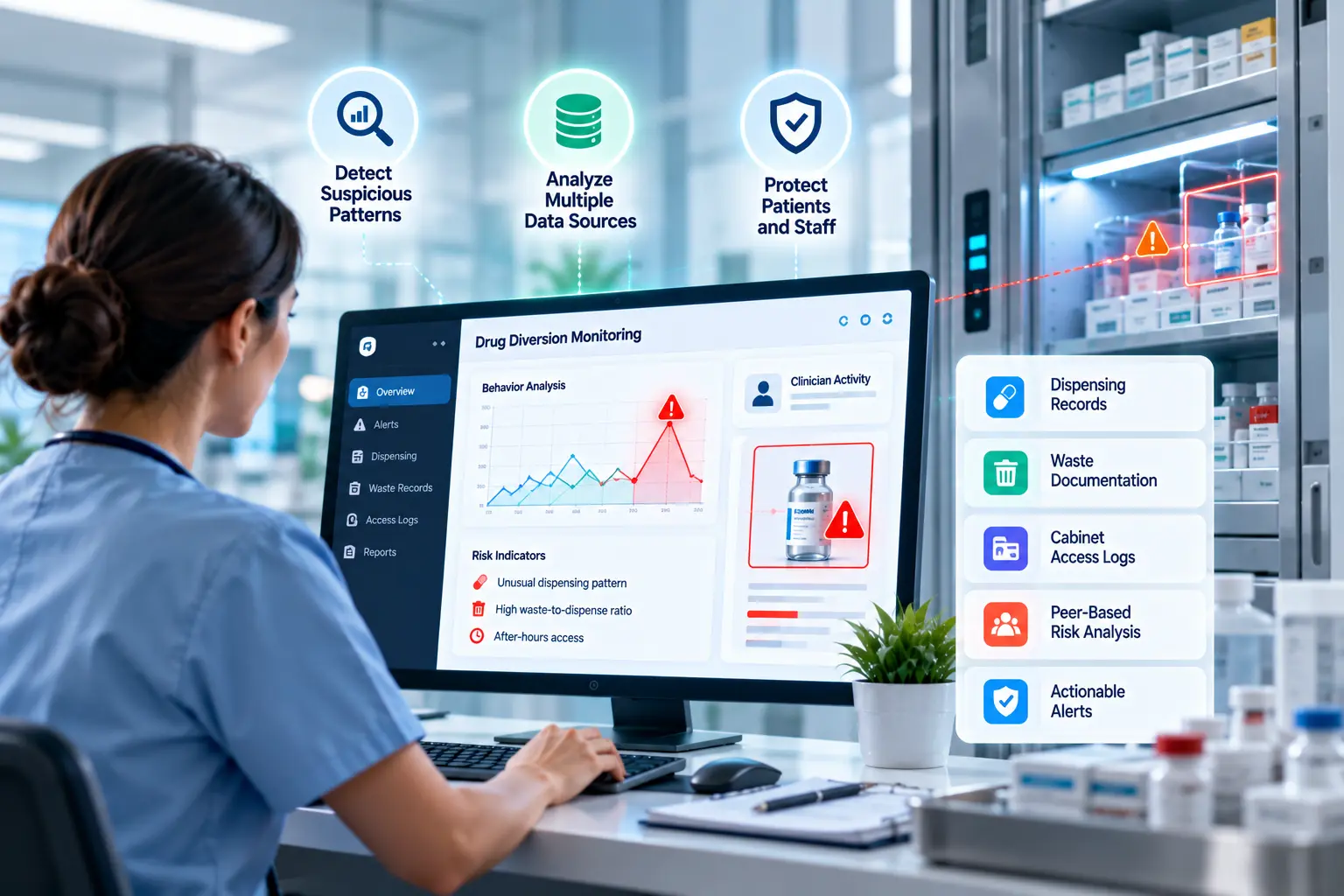 Healthcare professional reviewing an AI-powered drug diversion monitoring dashboard analyzing dispensing records, waste documentation, access logs, and risk patterns.