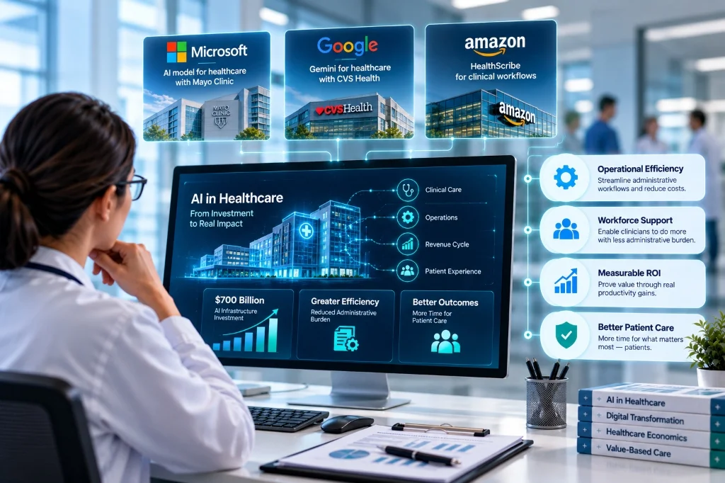 Healthcare clinician reviewing an AI analytics dashboard connecting Microsoft, Google, and Amazon healthcare AI initiatives with operational efficiency, workforce support, measurable ROI, and better patient care.
