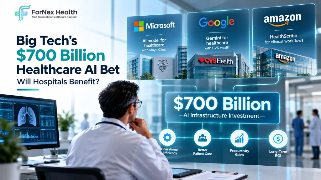 ForNex Health graphic illustrating major technology companies investing in healthcare AI, featuring Microsoft and Mayo Clinic, Google Cloud and CVS Health, and Amazon HealthScribe.