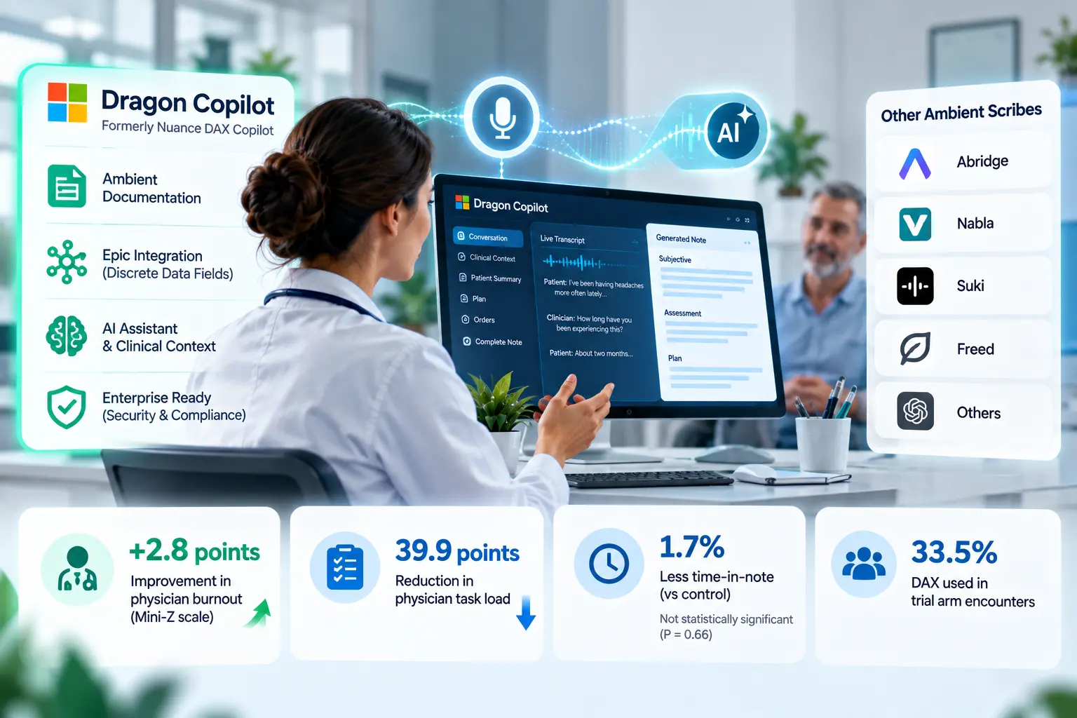 ForNex Health graphic showing Dragon Copilot clinical AI workflow, Epic integration, and NEJM trial results including physician burnout, task load, documentation time, and adoption.