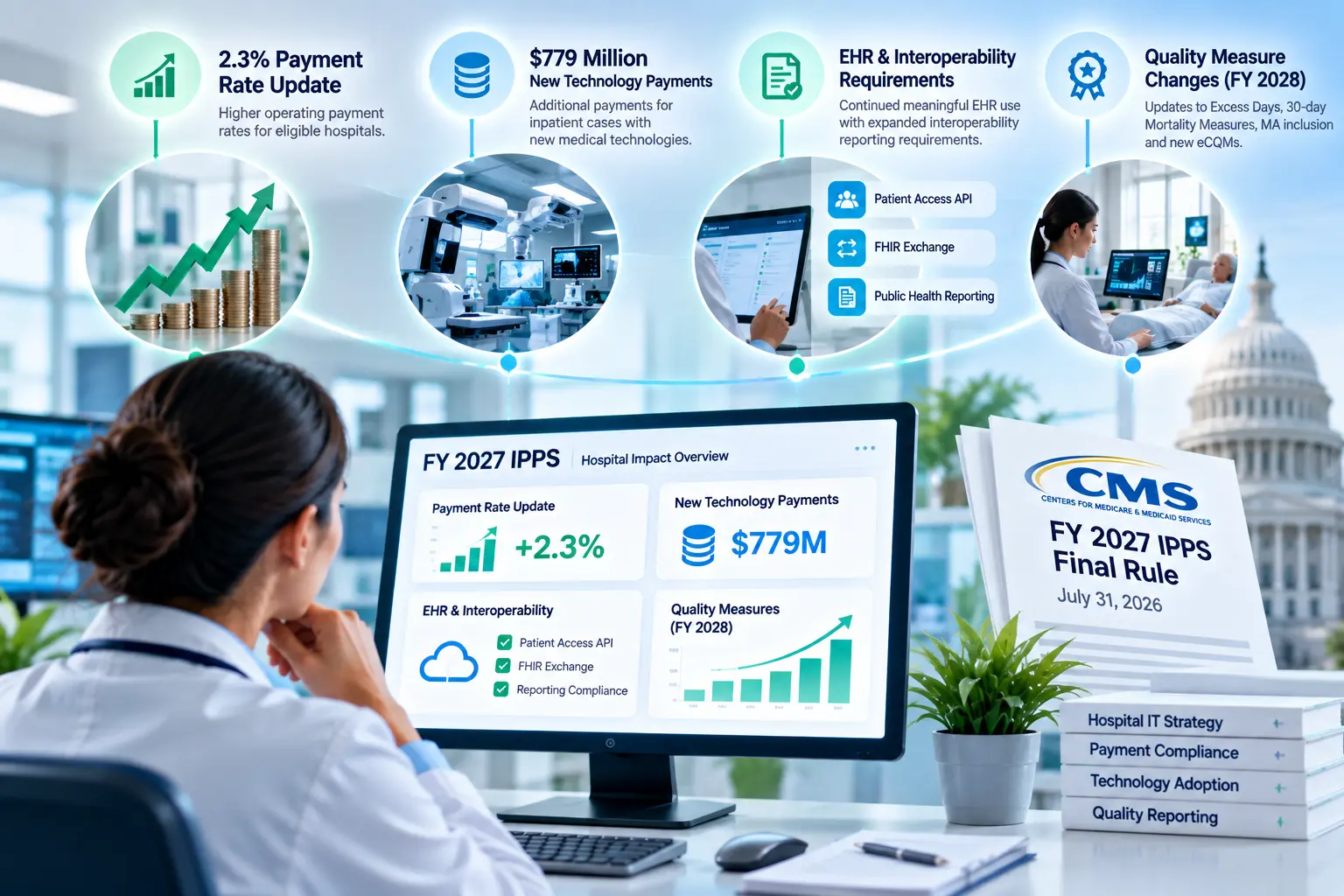 FY 2027 IPPS payment update, new technology payments, EHR interoperability, and quality requirements