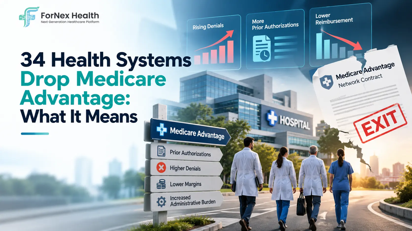 ForNex Health graphic showing health systems exiting Medicare Advantage contracts due to rising denials, prior authorization requirements, lower reimbursement margins, and administrative burden.