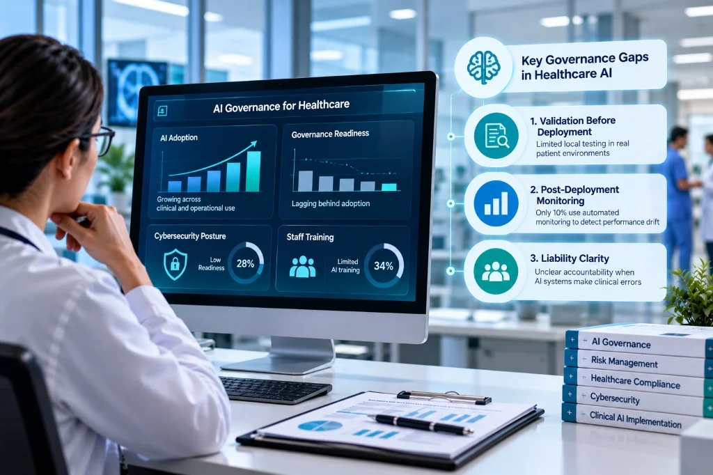 Healthcare clinician reviewing an AI governance dashboard highlighting gaps in pre-deployment validation, post-deployment monitoring, and liability clarity.