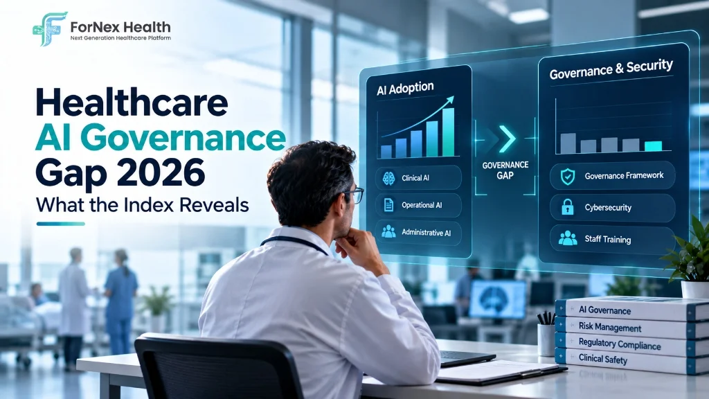 ForNex Health graphic illustrating the gap between rising healthcare AI adoption and lagging governance, cybersecurity, and staff training readiness.