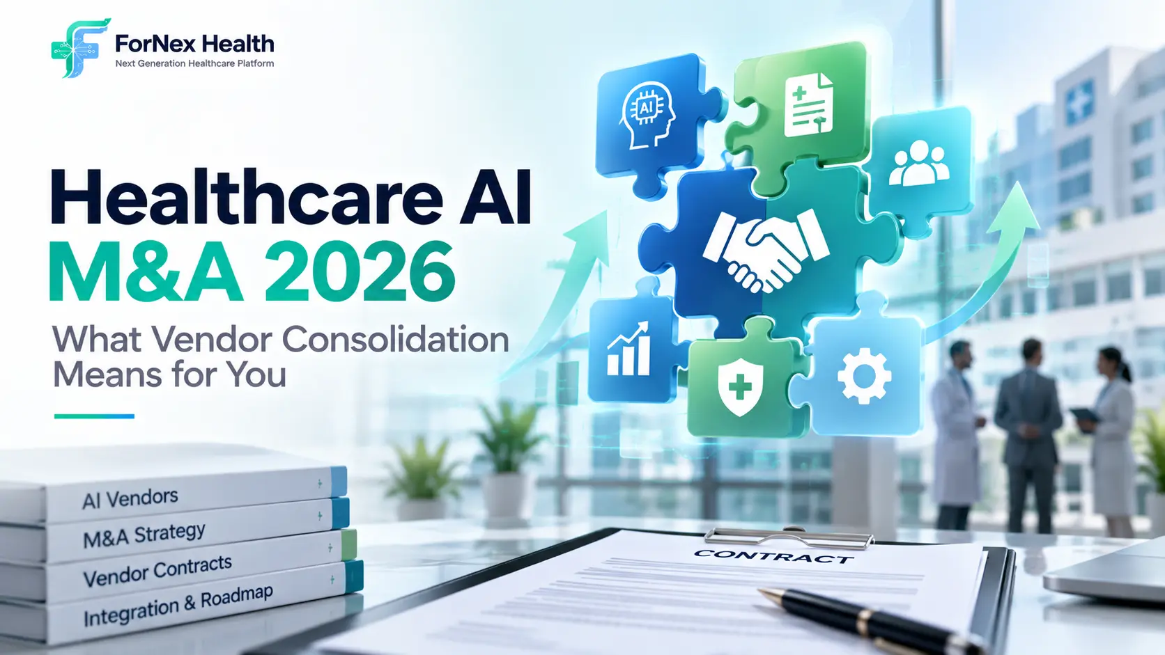 Healthcare AI vendor consolidation represented by connected AI, healthcare, analytics, and business puzzle pieces in a hospital technology environment.