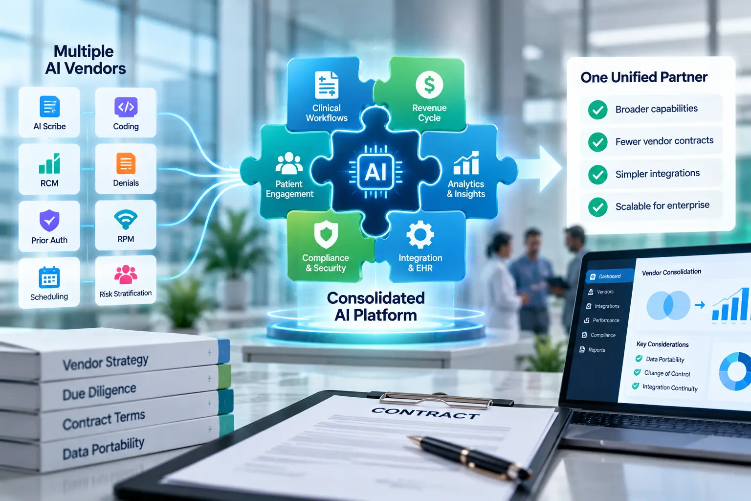 Multiple healthcare AI vendors converging into a unified AI platform with broader capabilities, fewer contracts, simpler integrations, and enterprise scalability.