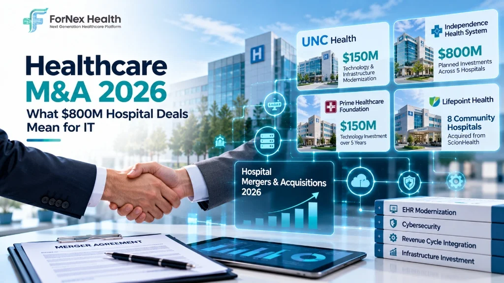 Healthcare mergers and acquisitions in 2026 highlighting technology investment commitments from UNC Health, Independence Health System, Prime Healthcare Foundation and Lifepoint Health.