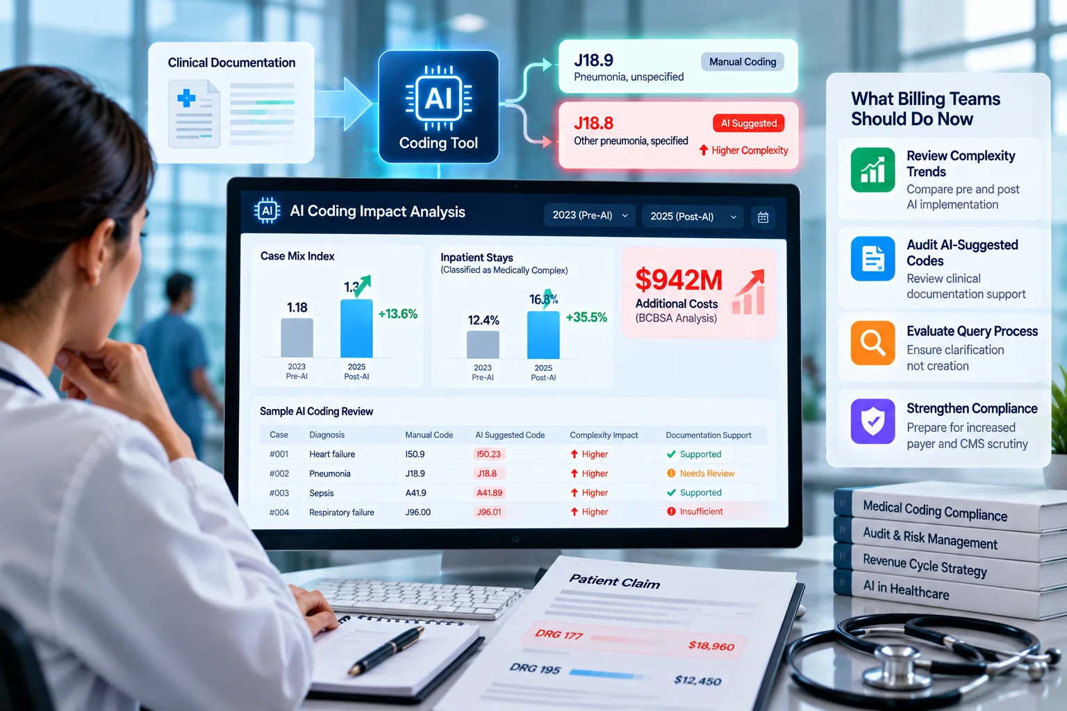 Healthcare billing professional reviewing AI-generated medical codes against clinical documentation, case-mix trends, audit risks, and compliance requirements.
