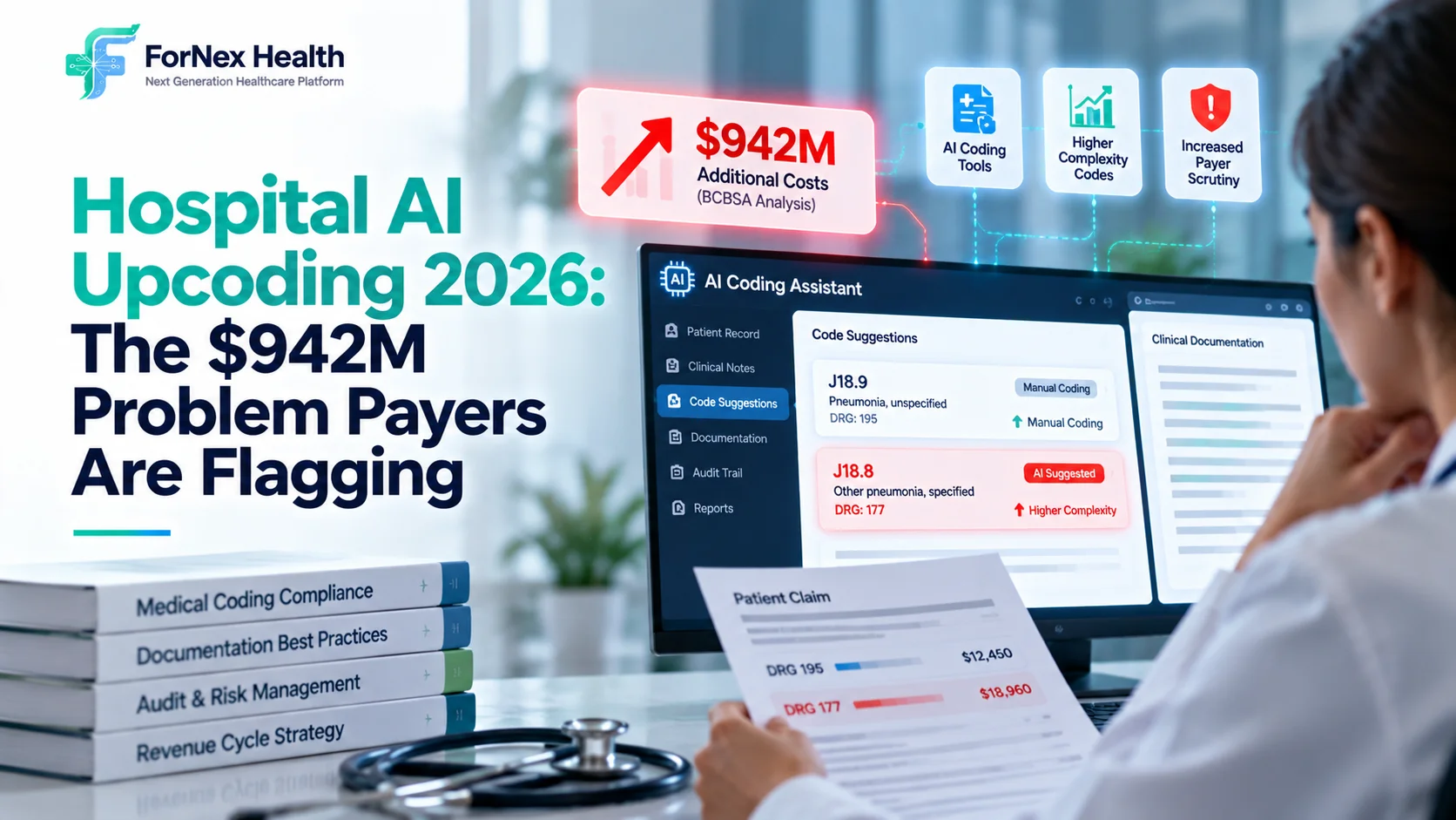 Hospital AI coding under scrutiny, showing AI-assisted medical coding, increasing claim complexity, payer costs, and compliance risk in a modern healthcare setting.