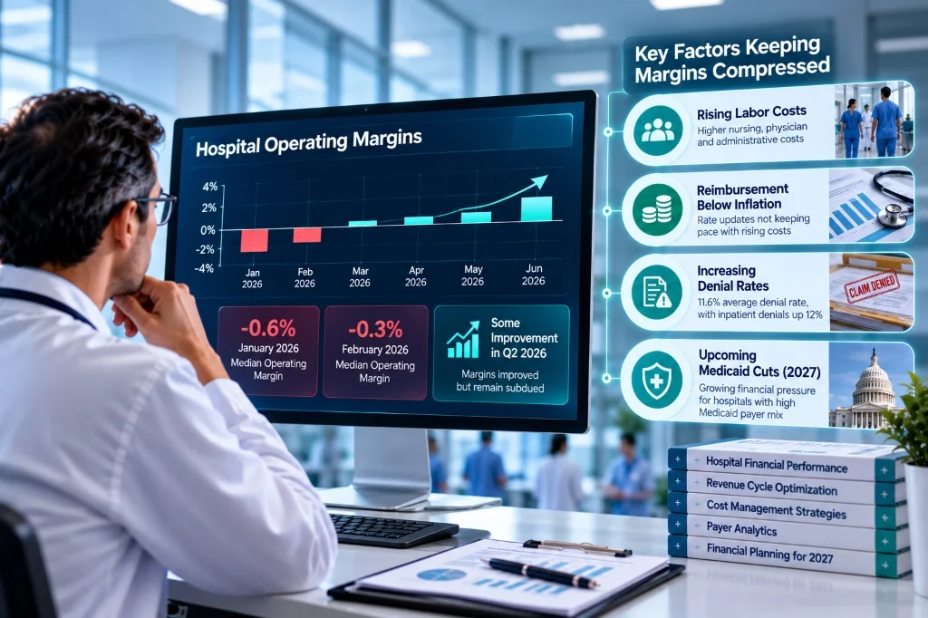 Hospital financial dashboard highlighting rising labor costs, reimbursement below inflation, increasing claim denial rates and upcoming Medicaid cuts as key factors affecting operating margins in 2026.