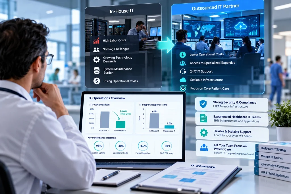 Healthcare IT professional comparing in-house and outsourced IT operations, including costs, support response, security, expertise, scalability, and operational efficiency.