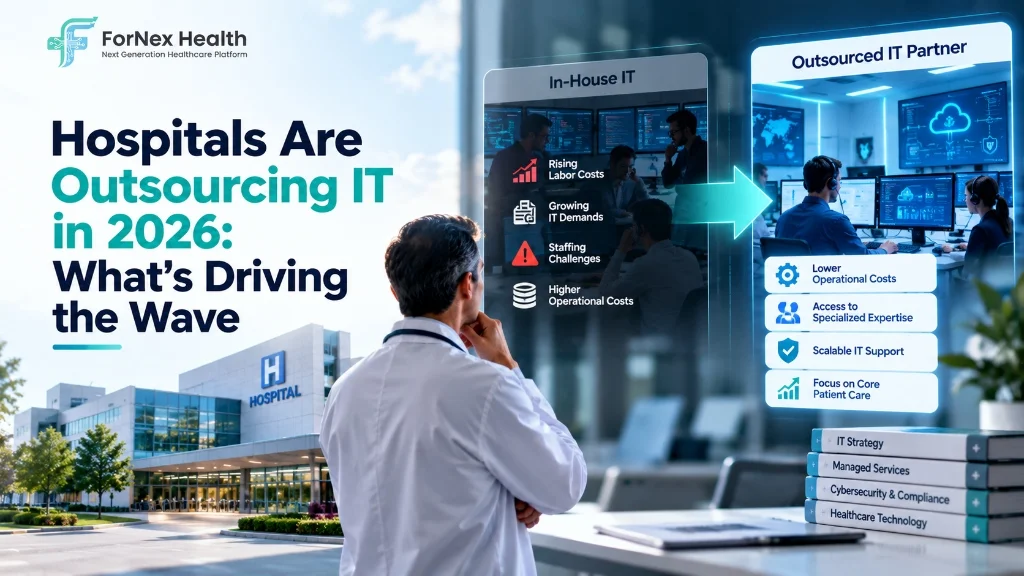 ForNex Health graphic showing hospitals transitioning from in-house IT teams to outsourced healthcare technology partners in 2026.