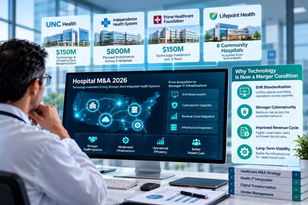 Healthcare IT professional reviewing hospital merger investments, network integration, EHR standardization, cybersecurity upgrades and revenue cycle modernization on a digital dashboard.