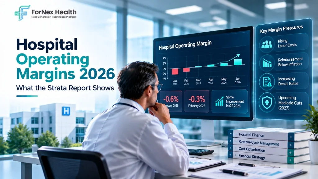 Hospital financial performance dashboard showing negative operating margins in January and February 2026, followed by modest improvement in Q2, with a healthcare professional reviewing financial data.