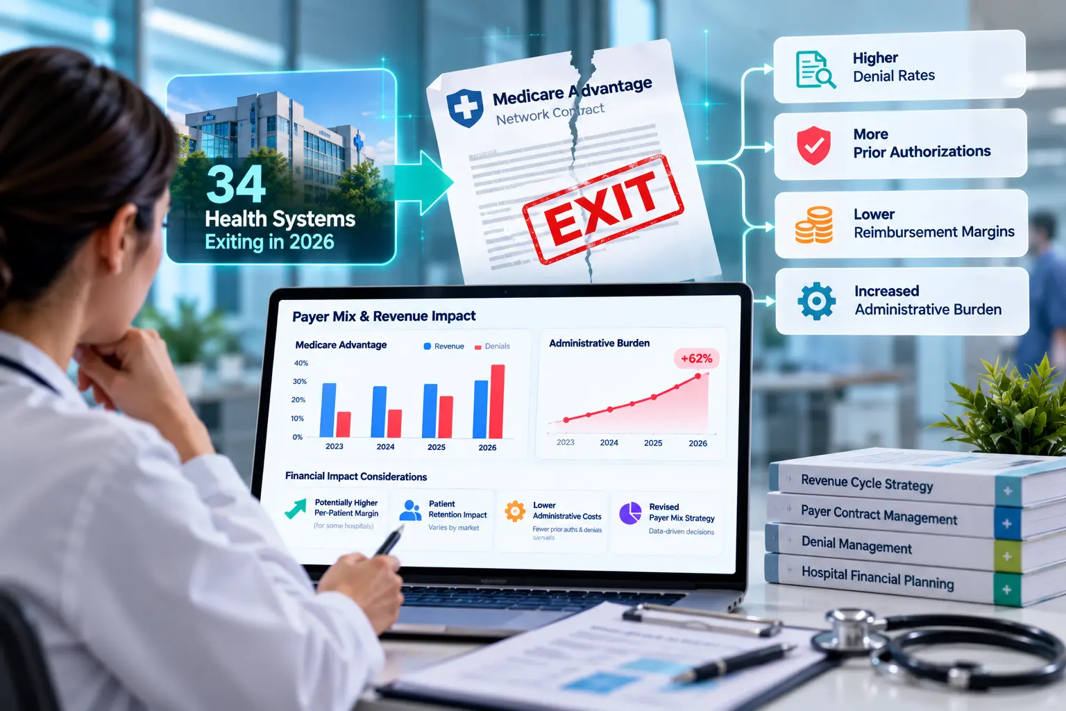 Healthcare revenue cycle professional analyzing Medicare Advantage payer mix, denial rates, prior authorization burden, reimbursement margins, and payer-specific financial performance.